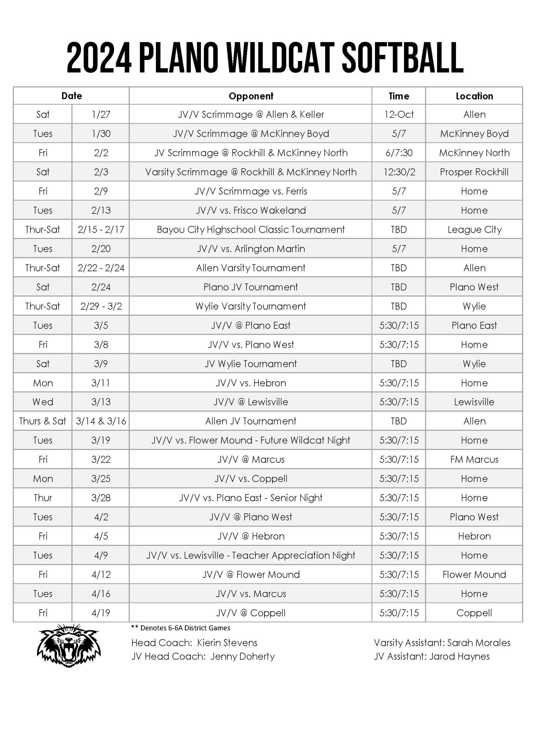 Plano Senior Softball Schedule for the Spring 2024 Season